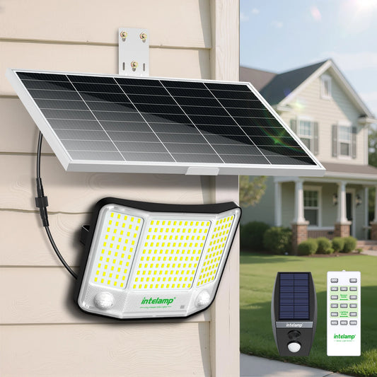 Intelamp Long Battery Life 20000mAh Solar Flood Lights Outdoor Super Larger Solar Panel 3 Motion Sensors For Garden Yard Garage