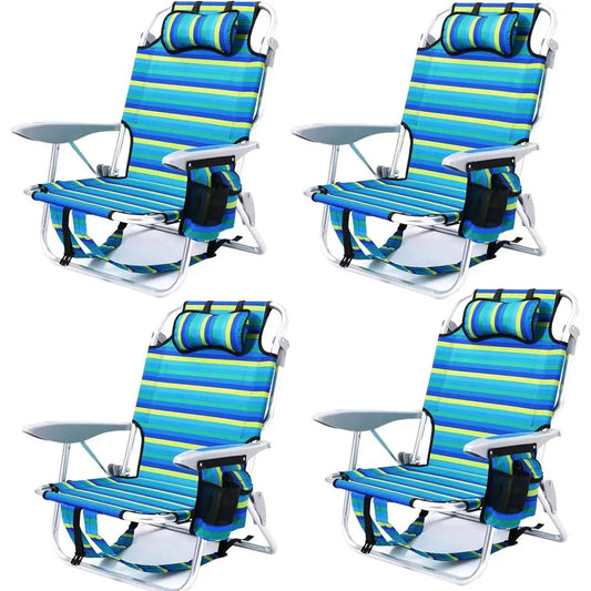 Portable 4PC Adult Beach Chairs with 5-Position Backpack Camping Chairs and Striped Pattern