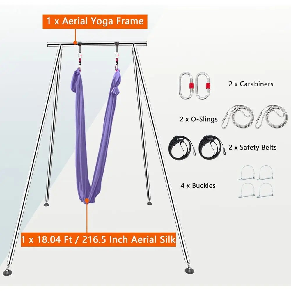 Adjustable Height Aerial Yoga and Hammock Stand with 18ft Silk, 550lbs Capacity