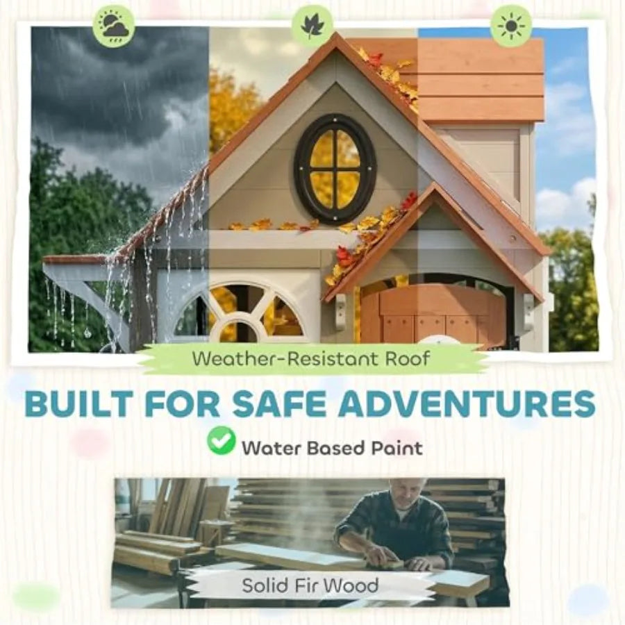 Outdoor Wooden Playhouse For Kids Aged 2+, Gray Finish, Includes Dog Door, Blackboard, Clock, Tic-Tac-Toe Roller, Cookware, Ide