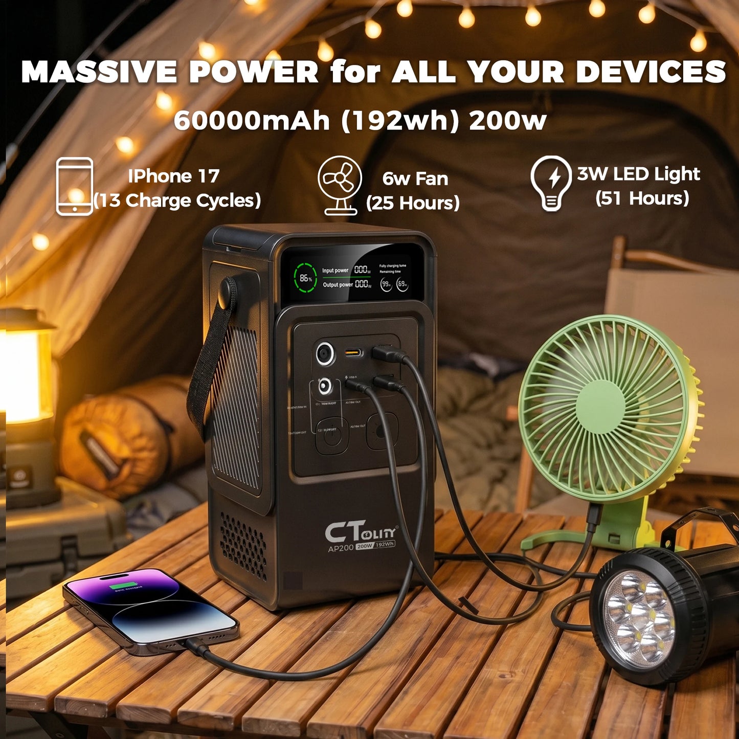 CTOLITY 2400W 200W Power Station Outdoor Camping Portable 2048Wh Solar Generator LiFePO4 Battery 110V 192Wh Power Bank Home Backup Power Supply Emergency Battery