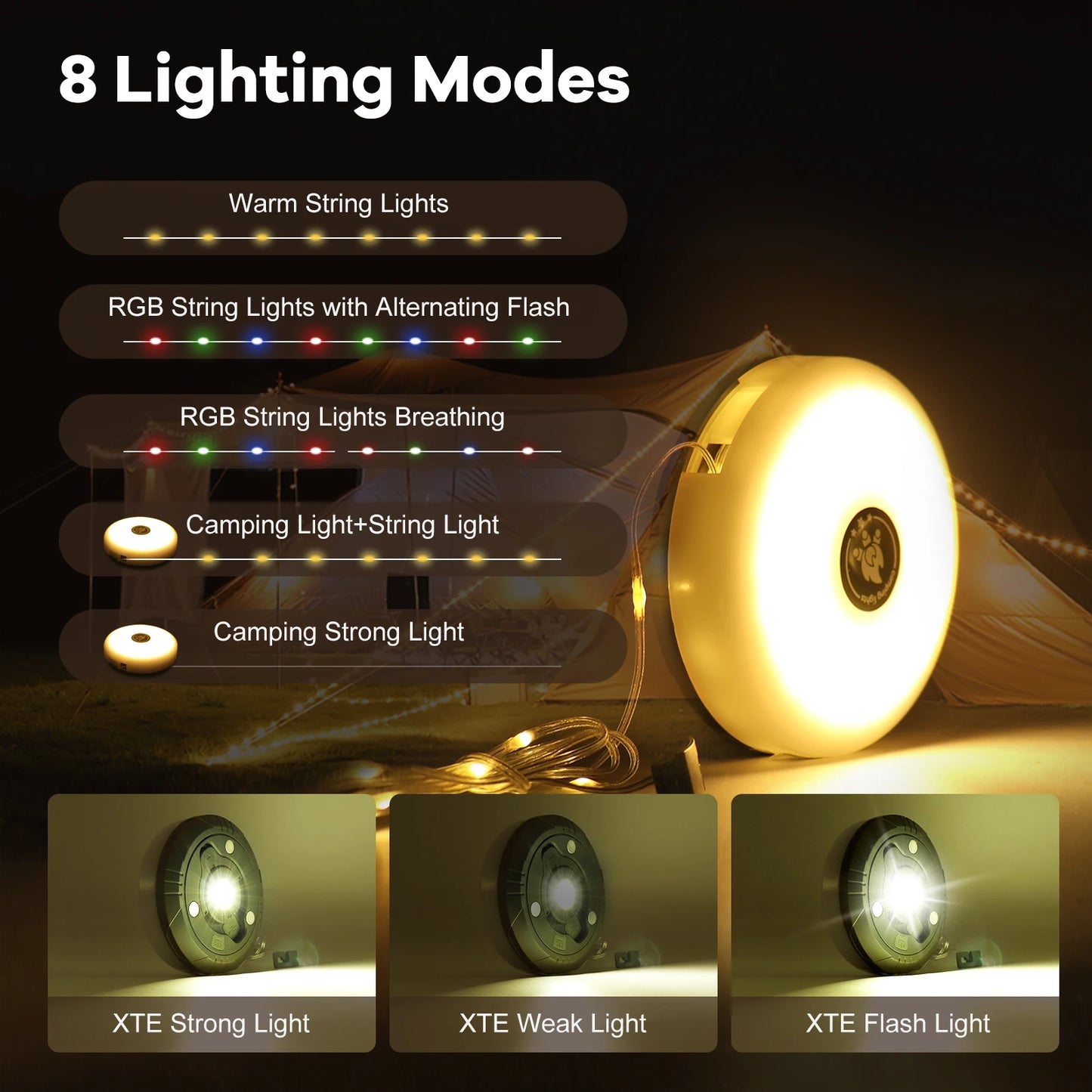 Camping Light 10m String Lights Outdoor Waterproof RGB Atmosphere Light Tent Light Strip Camping Lamp Recyclable LED Night Light