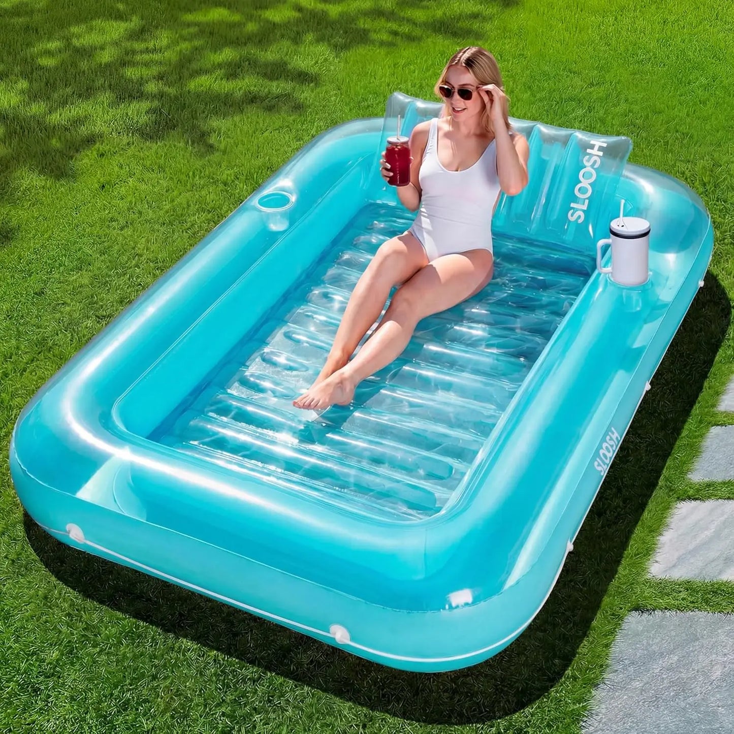 JOYFY Inflatable Tanning Pool Lounger Float 85" x 57" Extra Large Pool Floats Adult with Pillow Sunbathing Bed Lounge