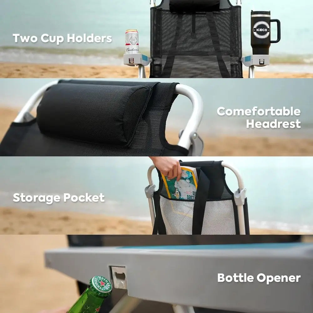 Portable Heavy-Duty Reclining Beach Chairs for Adults, 5 Positions, with Cup Holder, Suitable for Camping and Outdoors, Supports
