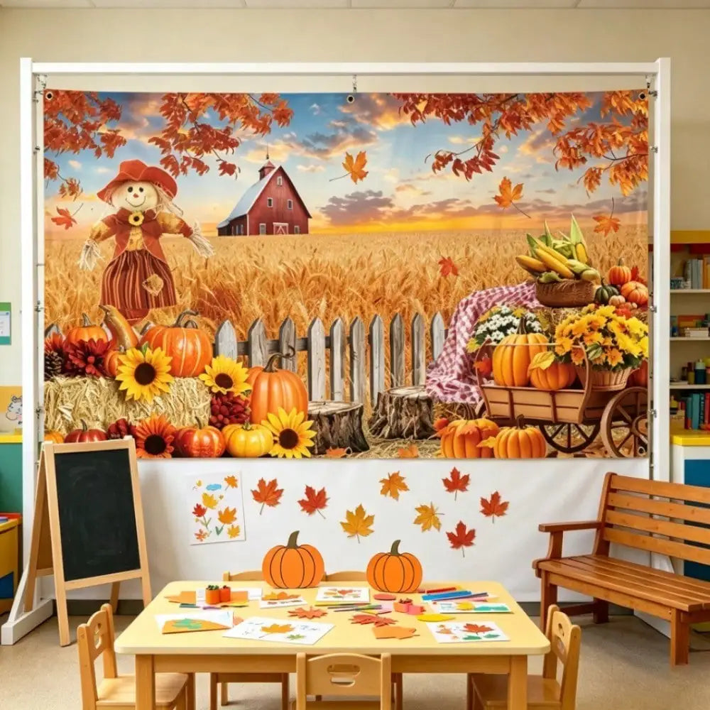1pc Thanksgiving Fall Harvest Backdrop Banner, 157*71in Large Pumpkin Scarecrow Farm Barn Photo Background Cloth With Balloon Chain, Autumn Thanksgiving Day Party Wall Hanging Decor Supplies