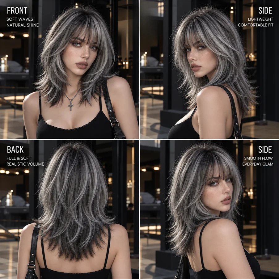 TopShe 18 inch Grey Wave Synthetic Wig Curly for Woman Shoulder Length Heat-Resistant Silver-Grey Hall Wig Layered Medium Length Shaggy Hair Wig Display Costume Party Daily Wear Natural Ash Grey Salt and Pepper Hairpiece Feat