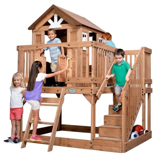 Outdoor Kids Playhouse: Cedar Wood, Natural Color, Elevated Scenic Design With Play Kitchen, Wrap-Around Deck, Storage Bench, S