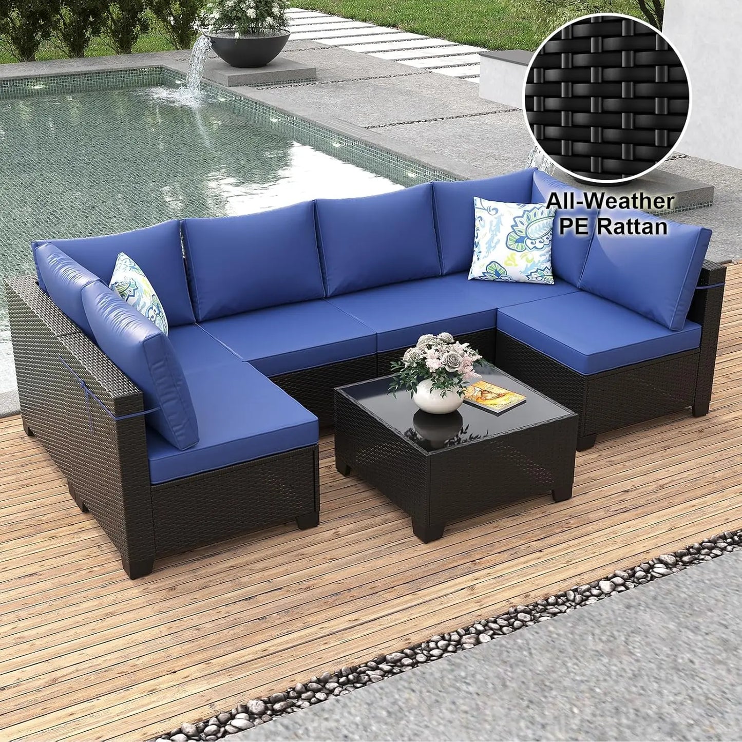 7 Piece Wicker Rattan Outdoor Patio Sectional Furniture Set, Outdoor Conversation Couch Set with Waterproof, Customized