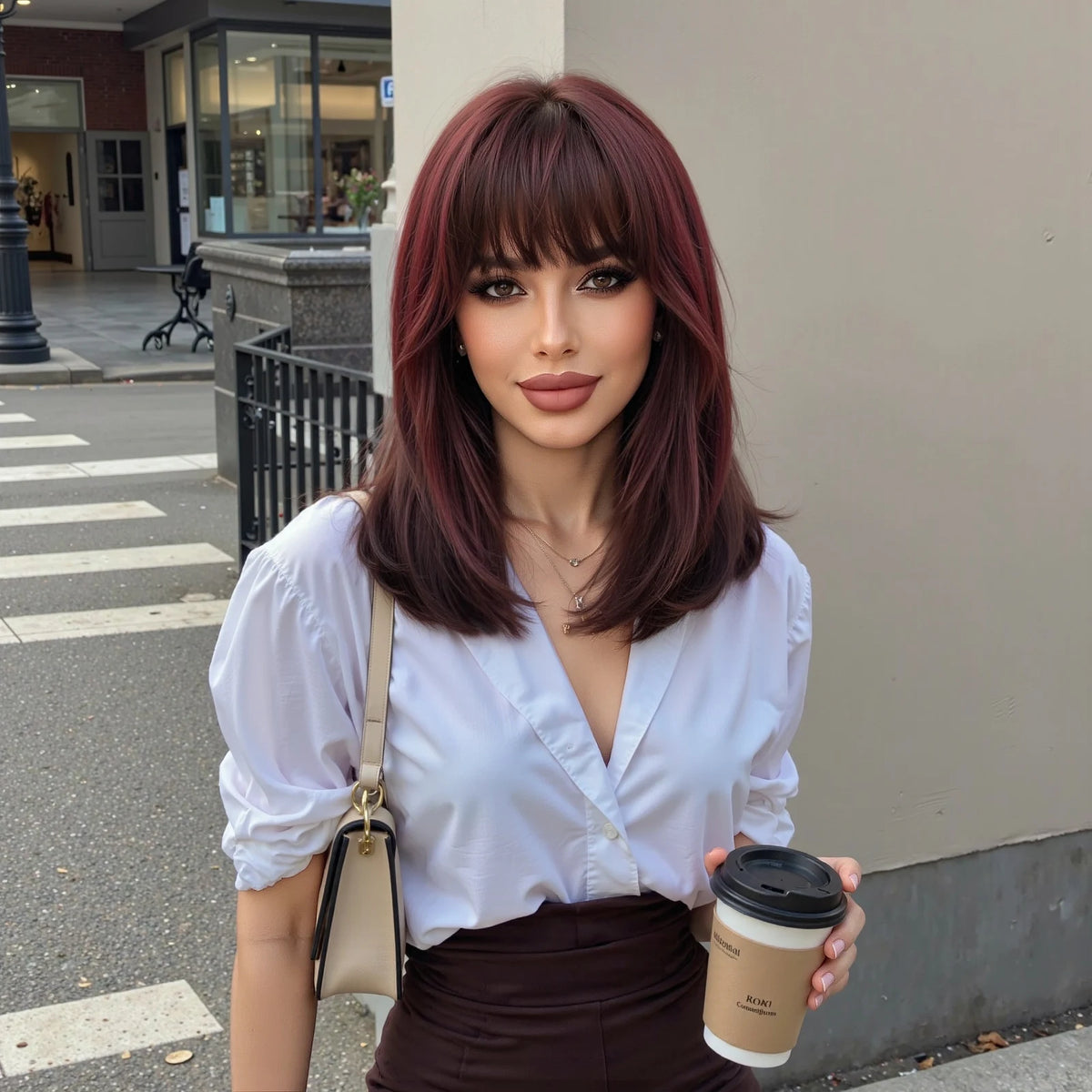 Halloween Wig TopShe Long Straight Wine Red Synthetic Wig with Bangs Heat Resistant Fiber Straight Bob wig for Woman Natural Looking Costume Party Cosplay Daily Wear Skin Friendly No Shedding No Tangles 170g Hot Sale