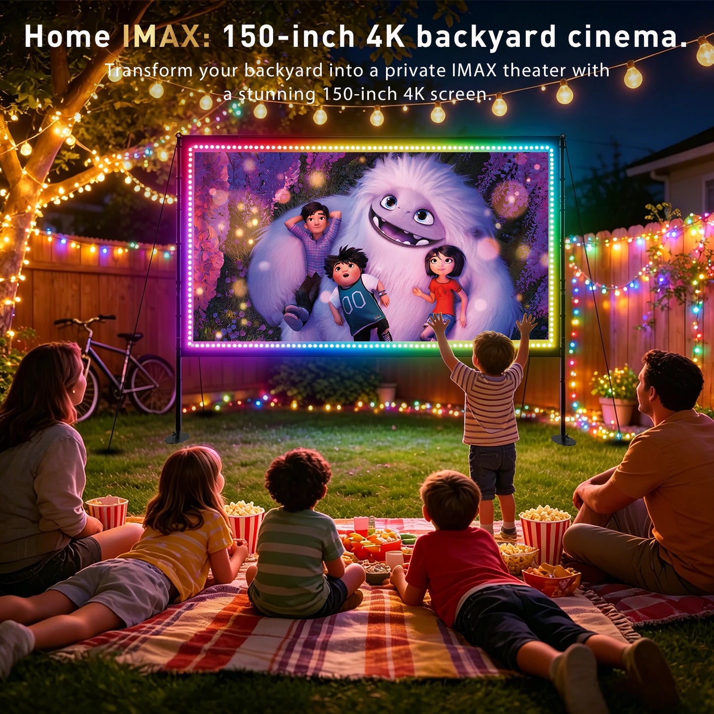 LED Projector Screen with Stand for Sports Events & Football Match, 150 inch 16:9 4K HD Portable Outdoor Movie Screen, Wrinkle-Free Foldable Indoor Projection Screen with Carry Bag & Ground Nails for Backyard Cinema Home Thea