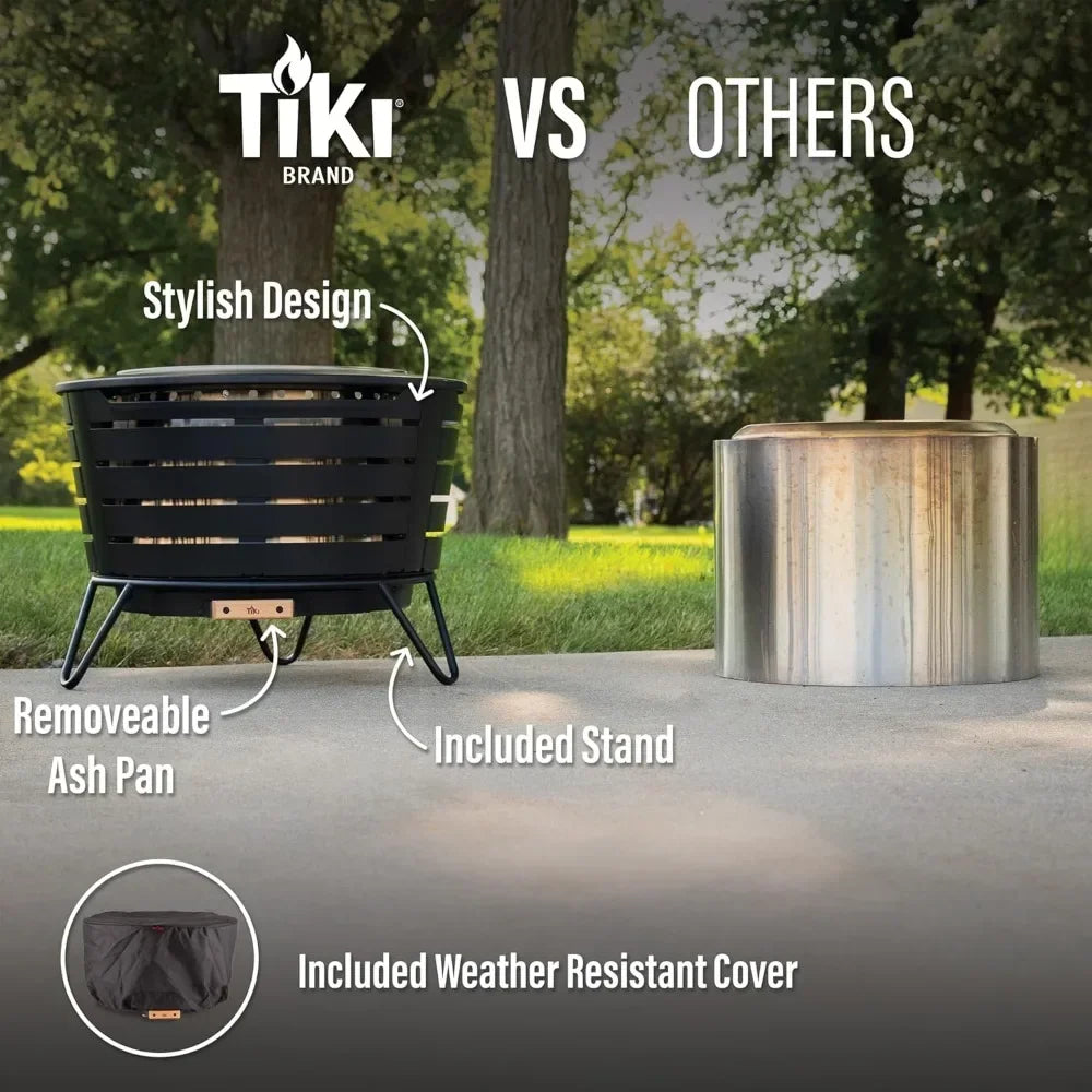 Modern Black 25-Inch Smokeless Wood-Burning Patio Fire Pit with Removable Ash Pan and Weather-Resistant Cover
