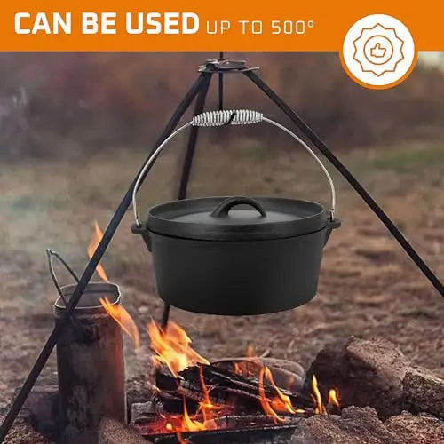 Camping Cooking Set Of 7. Pre Seasoned Cast Iron Pots And Pans Dutch Oven With Lids For Outdoor