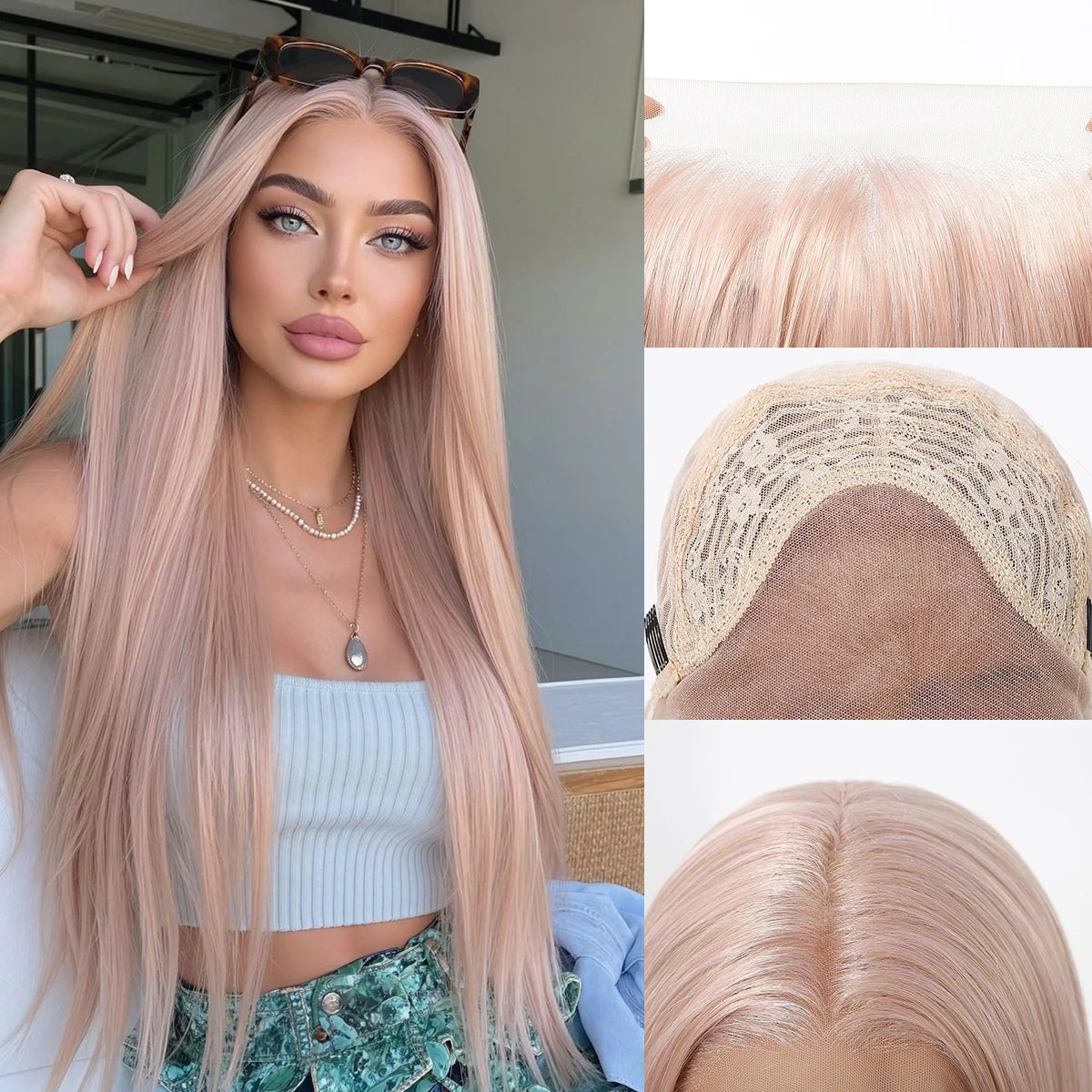 Halloween Wig Long Straight Ash Pink 13x4 HD Lace Front Wig 30 Inch Heat Resistant Fiber Synthetic Wig Glueless Synthetic Transparent Lace Frontal Wigs Pre Plucked Pastel Rose Gold for Women