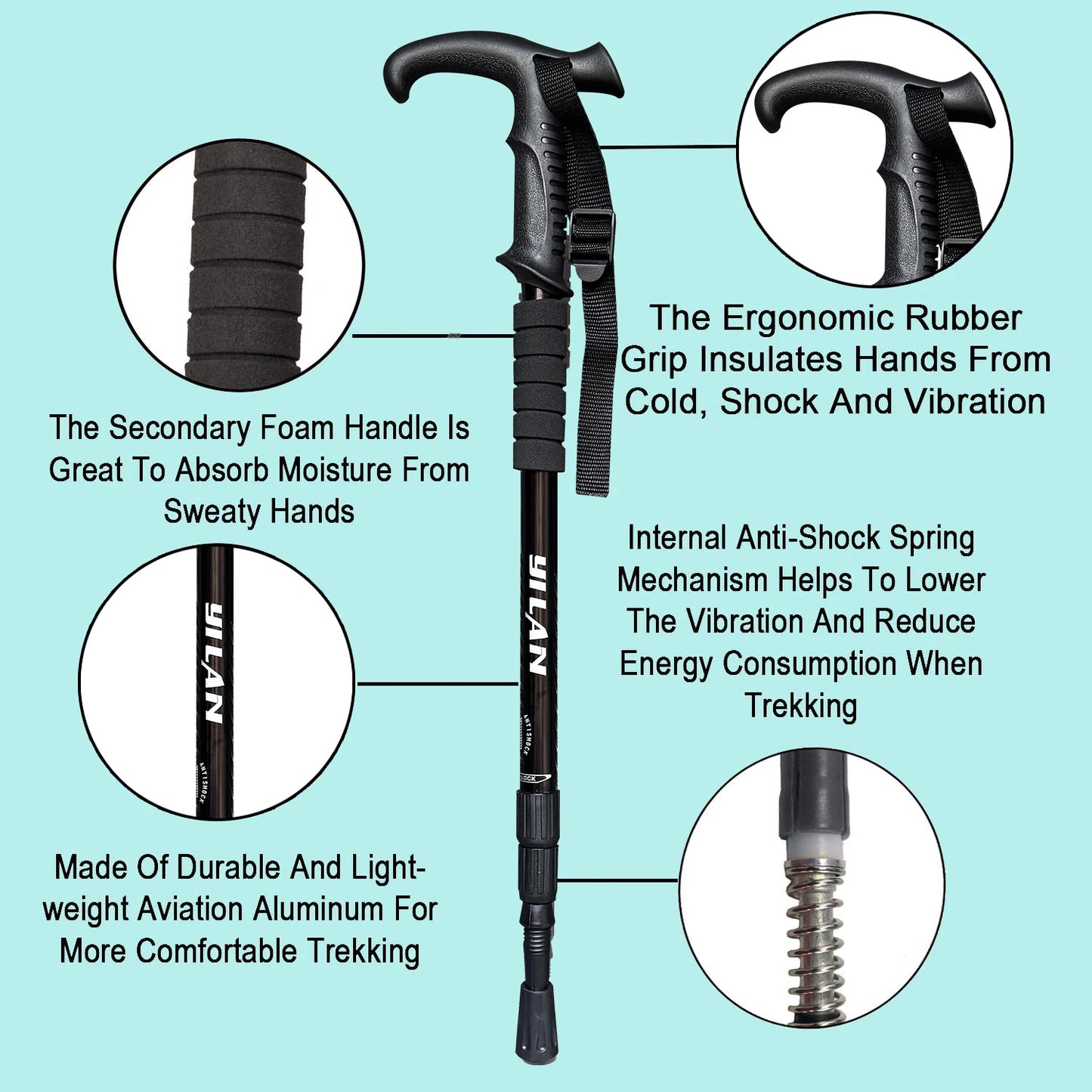 Ultralight hiking poles with shock absorption and quick-locking system, made of aluminum alloy, suitable for outdoor mountaineering, hiking, trekking, backpacking, and camping.