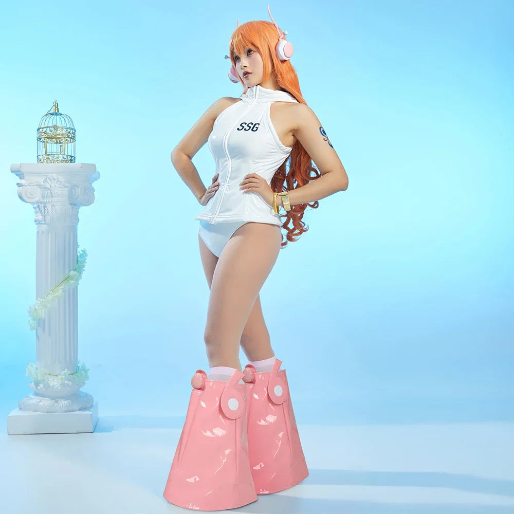Miccostumes Women's Anime White Hooded Vest and Panty with Waist Bag Bracelet Cosplay Costume