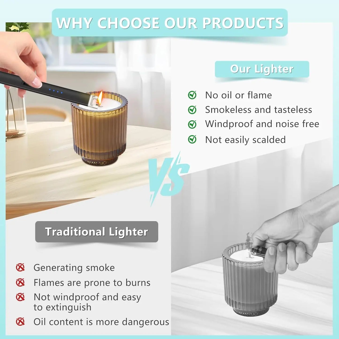 Rechargeable Electric Lighter with Battery Indicator and Safety Switch for Candles, BBQ, Camping