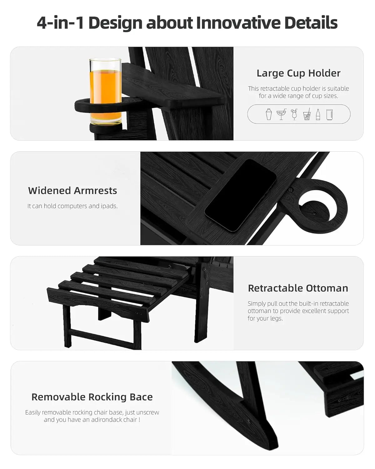 Folding Adirondack Rocking Chair Set of 2,4-in-1 Multifunctional Patio Chairs with Retractable Ottoman, Outdoor, Customized