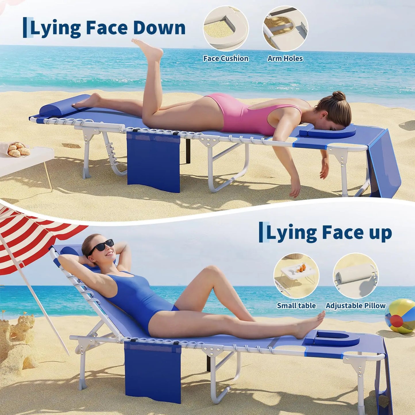 New Tanning Chair with Face Hole, 3-in-1 Outside Beach Lounge Chair with Folding Table, 5 Reclining Positions and Removable Pillow, for Beach, Pool, Patio, Garden -Max 330lbs (Blue)
