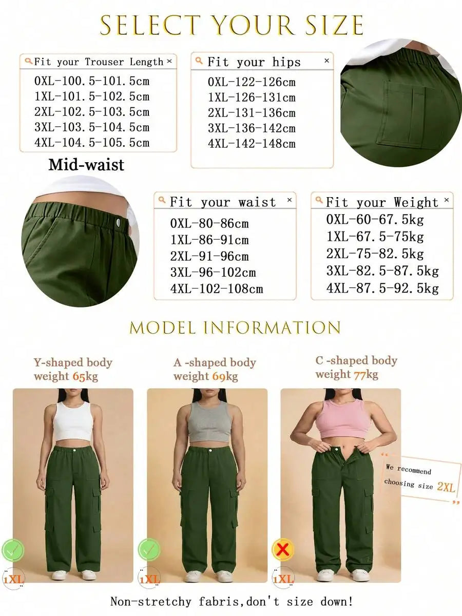 Olive Green Button Pocket Elegant Casual Commute Minimalist Cute Y2K Loose Straight Leg Non-Stretch Lightweight Plus Size Cargo