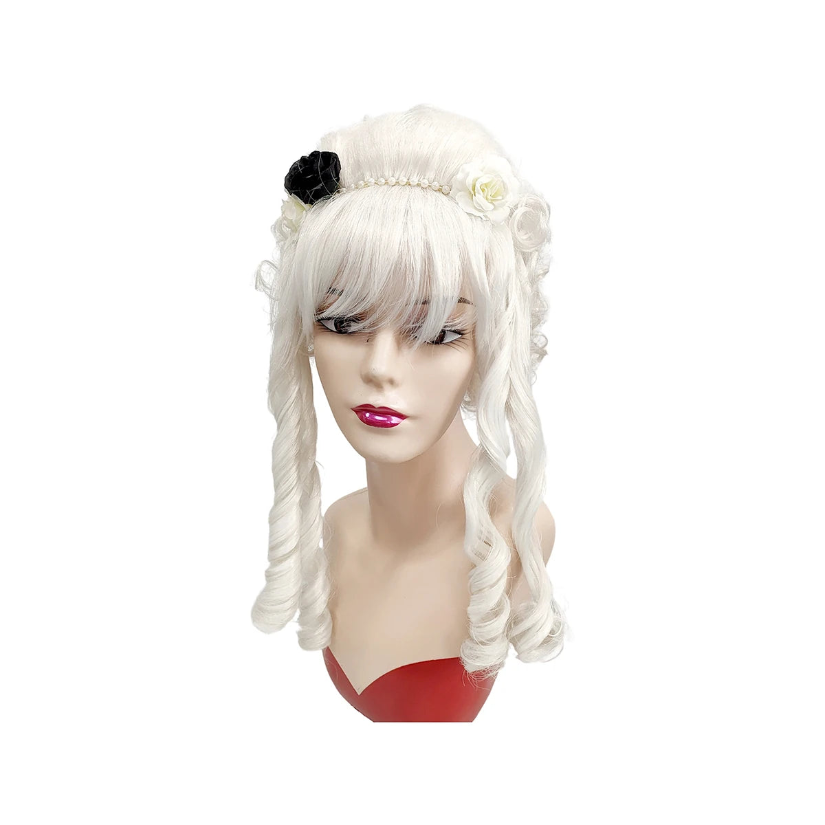 White Premium Synthetic Fiber Curly Wig with Bangs Spiral Curls Side Braids Fluffy Voluminous Updo with Pearl Flower Headband Black White Rose Accessories Lolita Gothic Style Adjustable Cap for Women Girls Cosplay Party Hallo