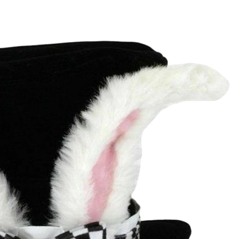 Alice in Wonderland White Rabbit Top Hat Plush Bunny Ears Black Velvet Tall Hat Checkered Bow Tie Cosplay Costume Hat for Halloween Easter Party Fancy Dress