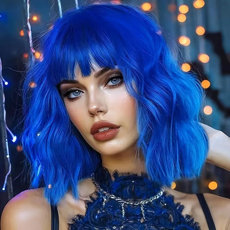 Bob Wig With Bangs 12 Inch Short Wavy Bob Wig Synthetic Blue Orange Pink Yellow Purple Red Wigs For Women Cosplay Halloween Kpop Daily Use