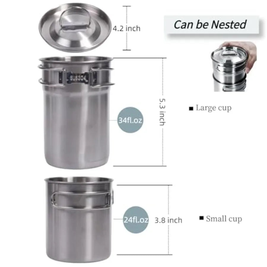 Foldable Camping Cups Mugs Camping Pot Cookware 304-Food-Grade Outdoor Camp Cooking Set with Vented lid, Stainless Steel Backpa