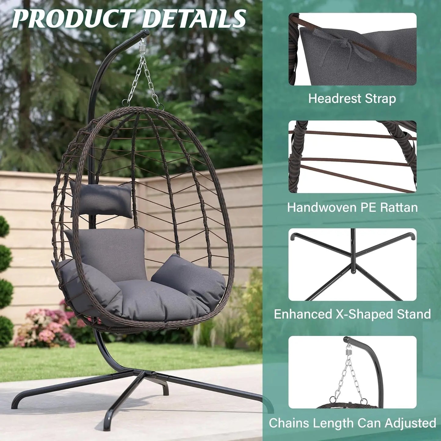 Egg Chair with Stand, Swinging Egg Chairs Outdoor Indoor, Hanging Basket Chair with Cushion, Patio Wicker, Customized