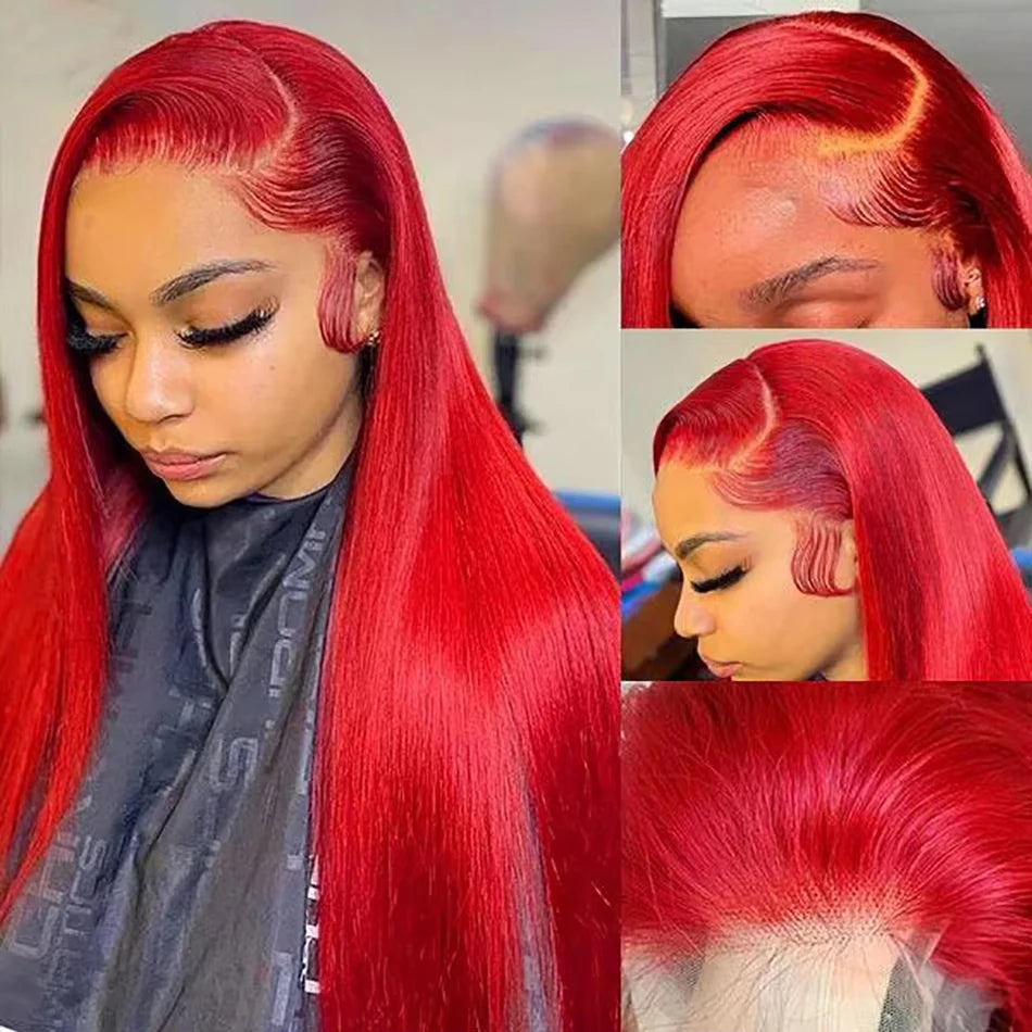 Hot Red 13x6 HD Lace Frontal Human Hair Wigs Malaysian Colored  Human hair Wigs Straight Lace Frontal Wig Bright Red Transparent Lace Wigs For Women