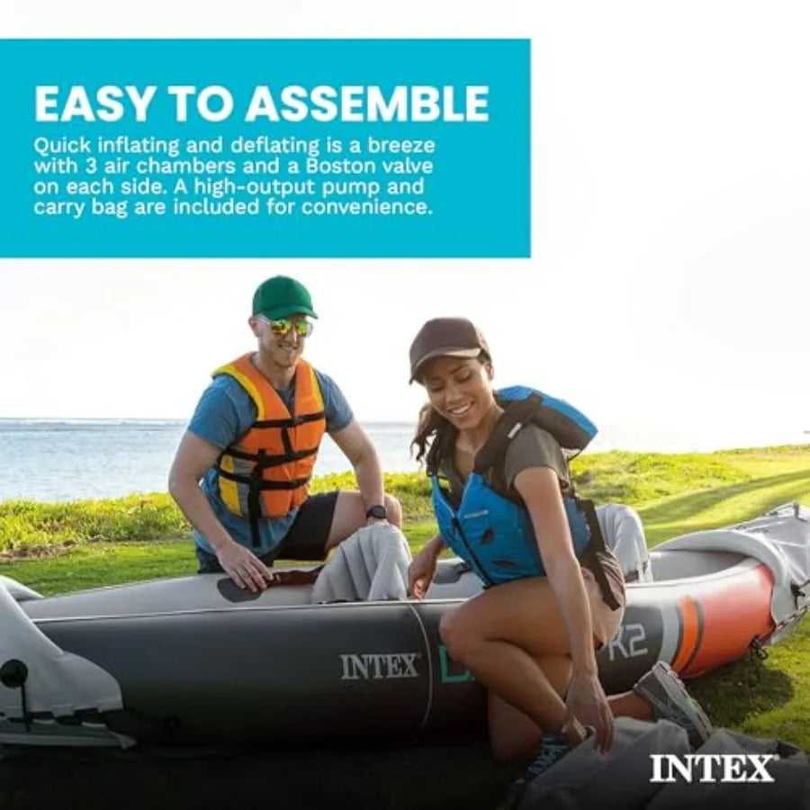 2-Person Inflatable Kayak Set Dakota K2 with 86in Oars and Pump in Blue for Outdoor Water Sports with Quick Inflation and Durable
