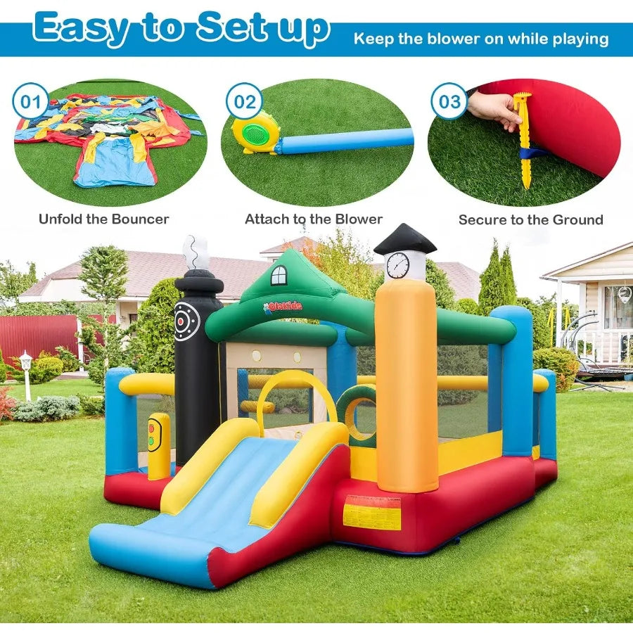 Inflatable Bounce House Train Theme Jumping Castle with Slide Ball Pit Basketball Rim for Indoor Outdoor Use Fun and Safe Inflatable