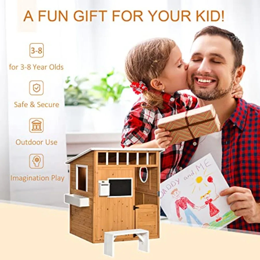 Outdoor Wooden Playhouse For Kids With Working Door, Yellow Finish, Includes Windows, Mailbox, Bench, And Flower Pot Holder