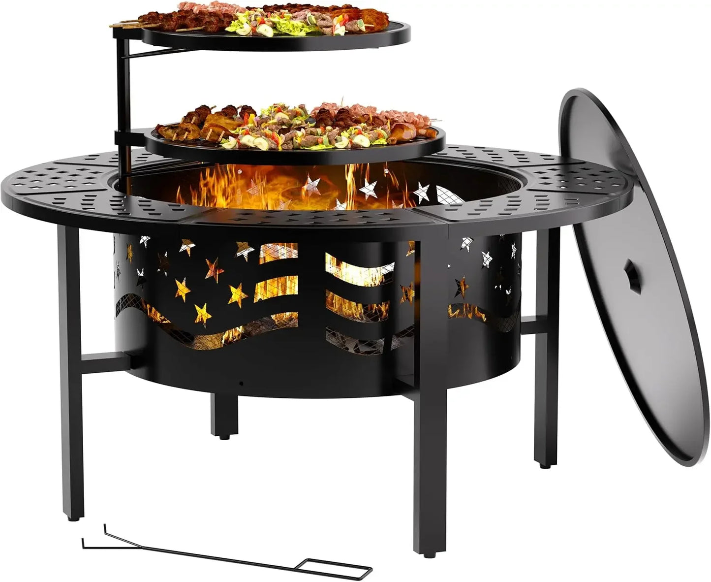 42" Outdoor Fire Pit with 2 Grills - Wood Burning Firepit for Outside with Cover & Poker, Heavy Duty Metal Fire Pit Large Round