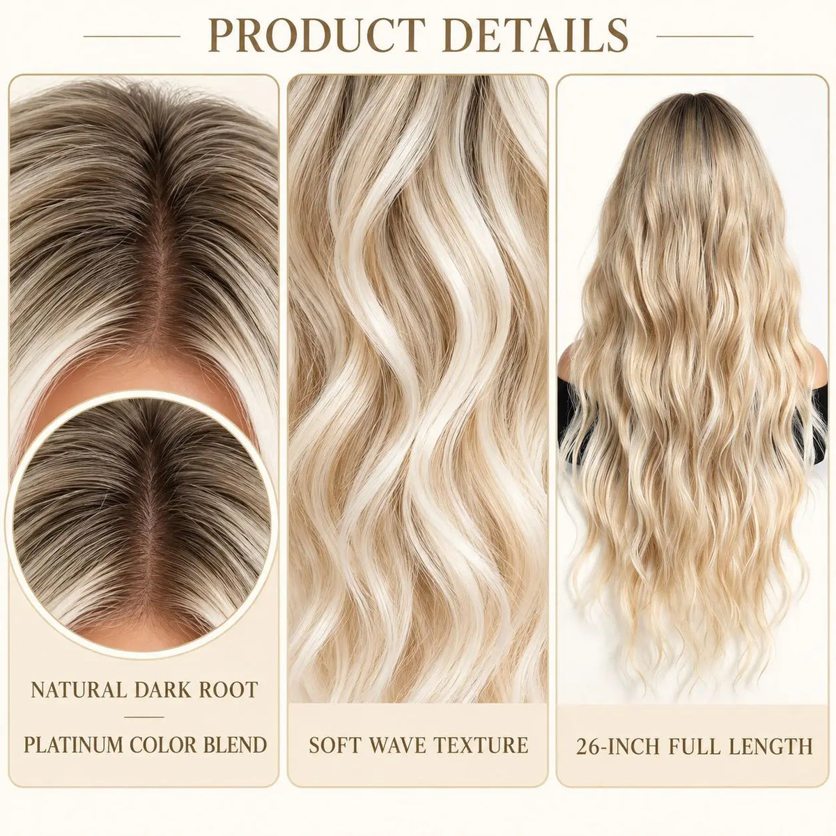 Halloween TopsShe 26 Inch Long Wavy Synthetic Wig Platinum Blonde with Dark Root, Heat Resistant Natural Looking Ombre Blonde Wigs for Women Cosplay Costume Party Daily Wear, Full Flowing Soft Wave Hair Styling Glamour Fashio