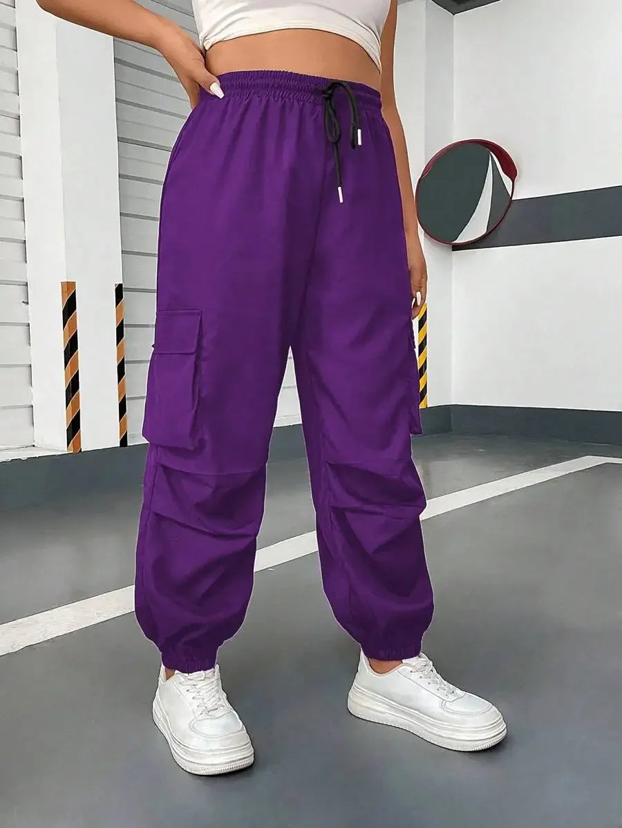 Flirla Plus Size Solid Color Drawstring Casual Cargo Pants With Pockets Fall Cloth For Women