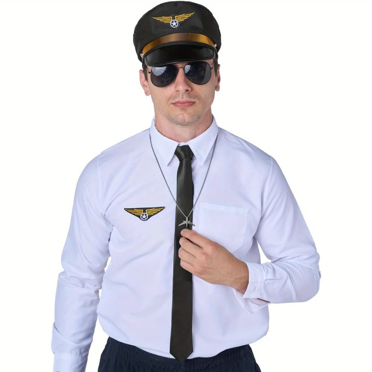 Creations Airline Pilot Captain Costume Kit 5 PCS Pilot Dress up Accessory Set with Sunglasses Tie Piot Hat Wings Patch and Necklace for Halloween Themed Dress Up Party