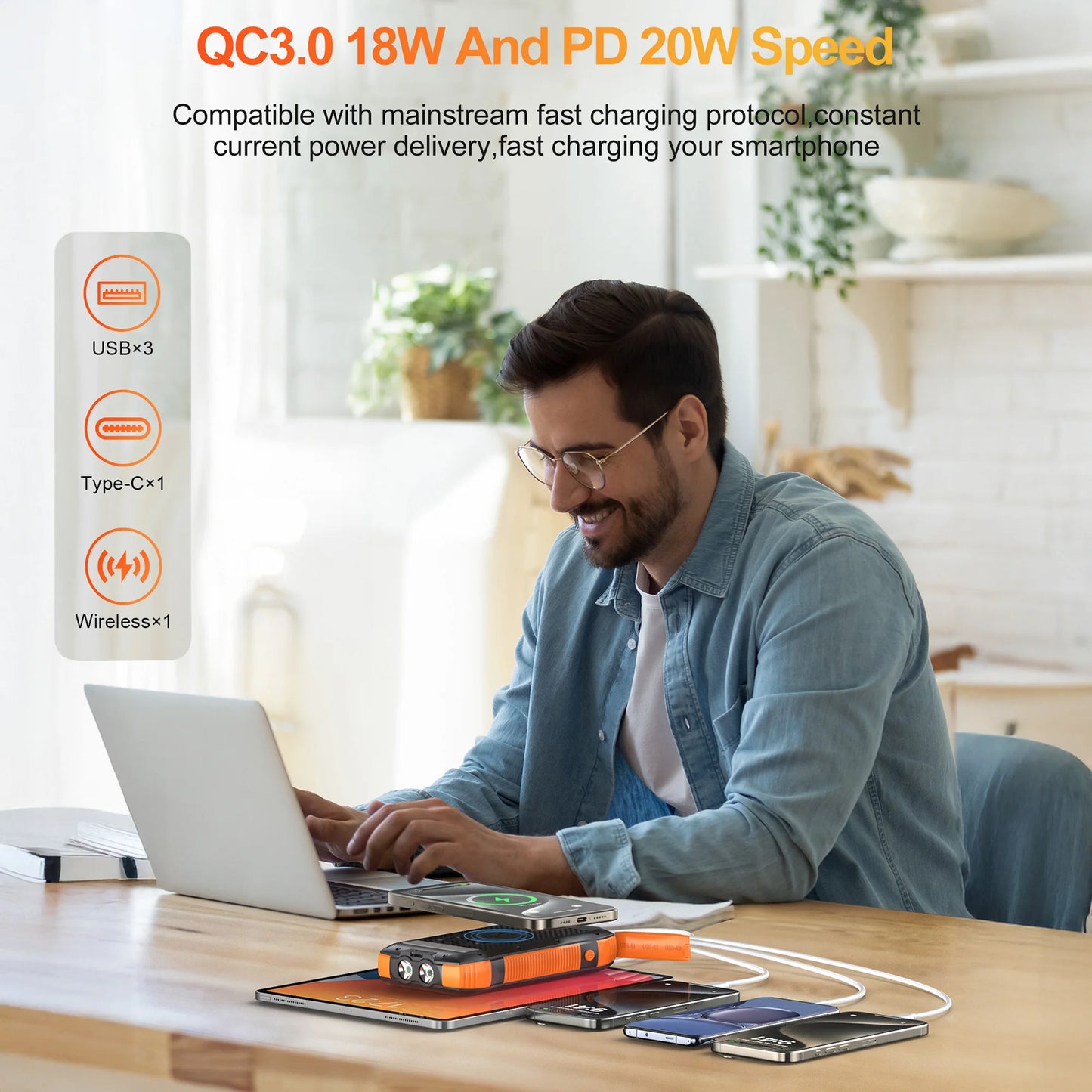 33500mAh Solar Charger Power Bank with 15W Fast Wireless Charging,PD 20W USB-C ,LED Flashlight,Water-Resistant for Outdoor