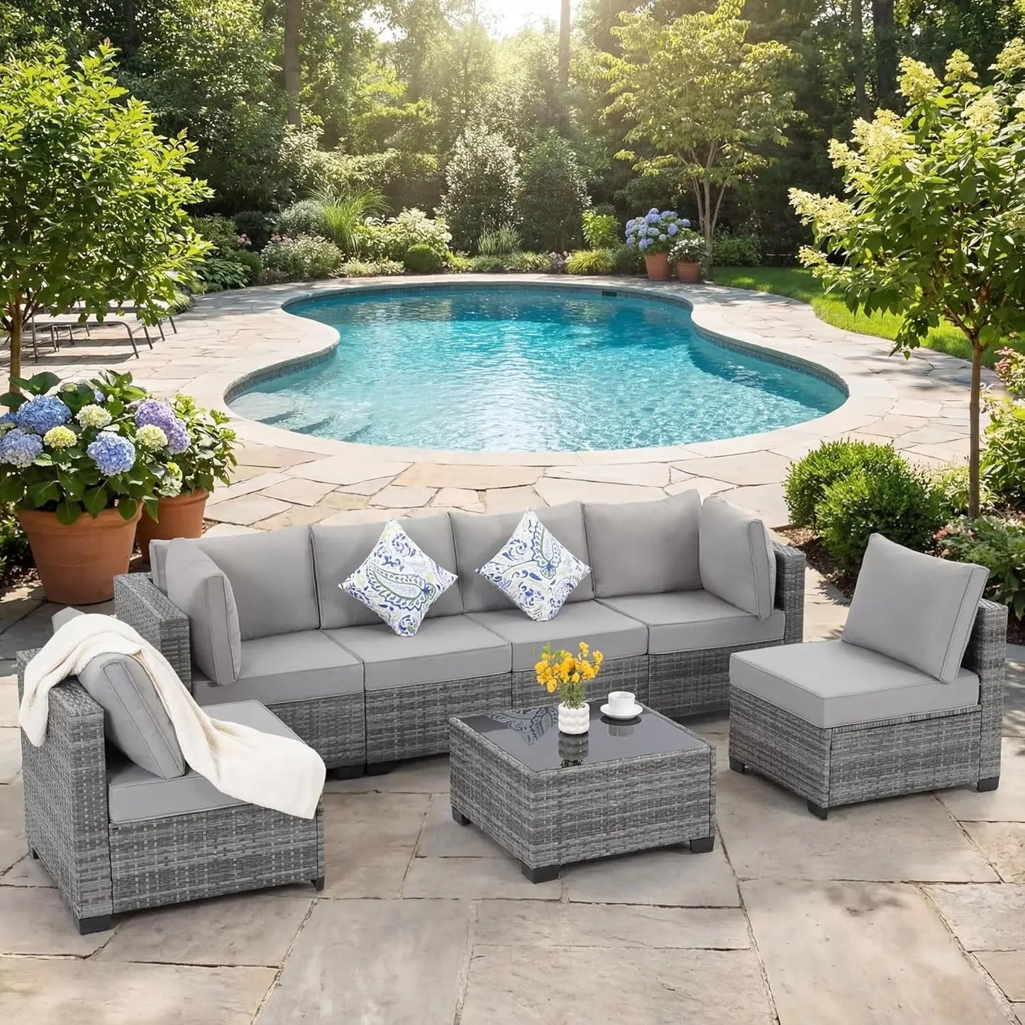 7 Piece Outdoor Wicker Patio Furniture Set, Rattan Sectional Sofa Conversation Set with Coffee Table & Cushions,