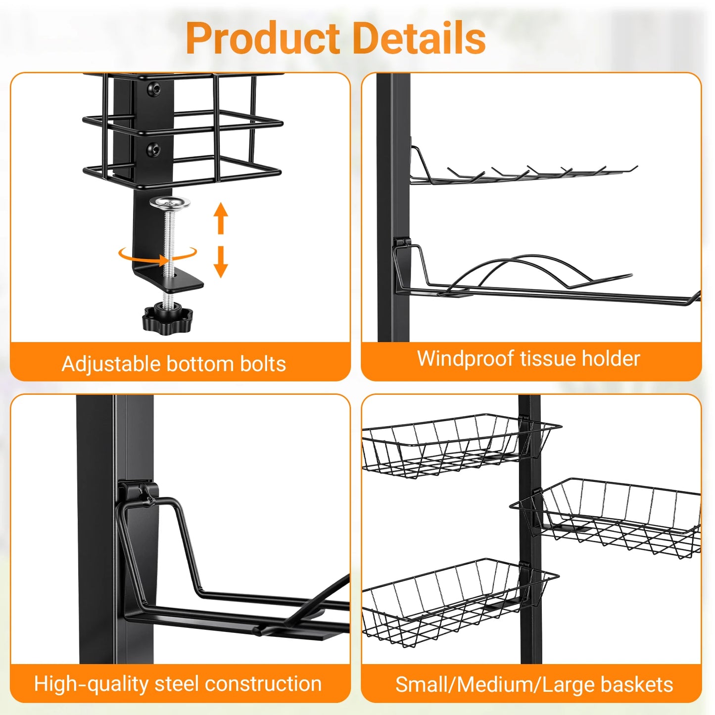 Griddle Stand Grill Rack with Towel Holder 3 Condiment Bins Utensil Hooks Stainless Steel BBQ Organizer for Outdoor Camping Kitchen