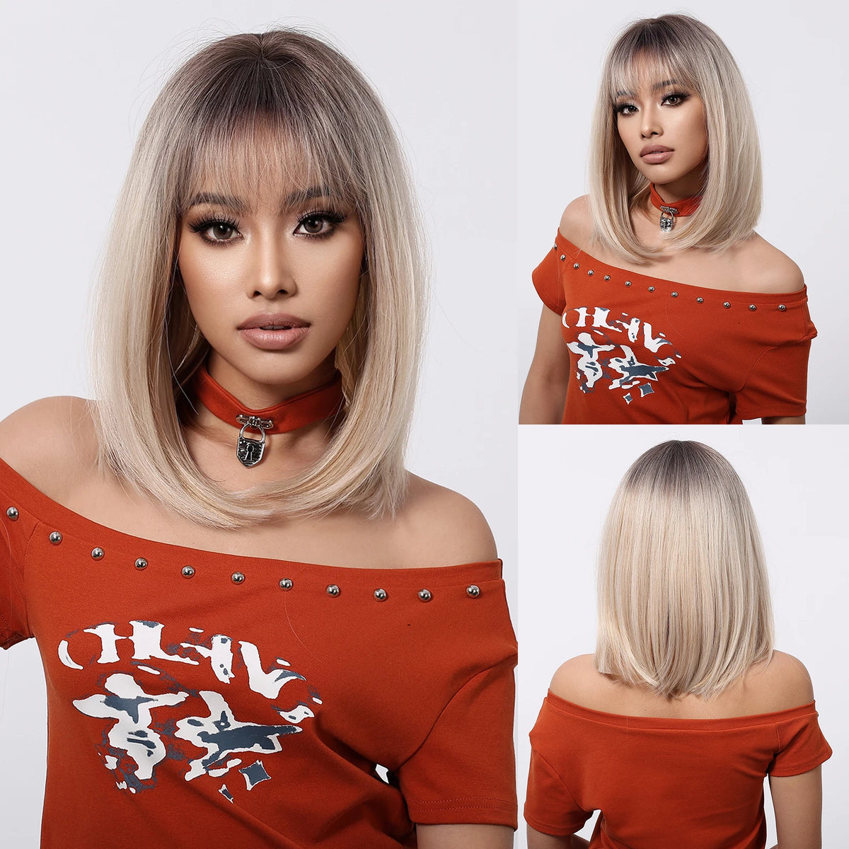 Halloween TopShe14 inch Blonde Bob Wig for Woman Straight Synthetic Wig with Bangs Blonde with Dark Roots Heat Resistant Wigs for Women Cosplay Costume Party Daily Wear Natural Looking Soft Full Head Fiber Wigs Fashion Gradie