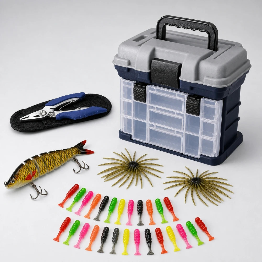 YJ Fishing Tackle Box Kit with Fishing Pliers 4-Tier Multi-Functional Fishing Handheld Storage Box Adjustable Dividers Portable Fishing Tackle Lure Tool Box Arts Crafts