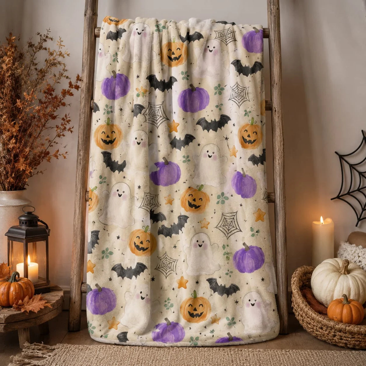 Halloween Ghost Pumpkin Bat Doodle Fleece Blanket, Cute Spooky Autumn Throw, Cozy Fall Purple Orange Black Blanket, Seasonal Home Décor