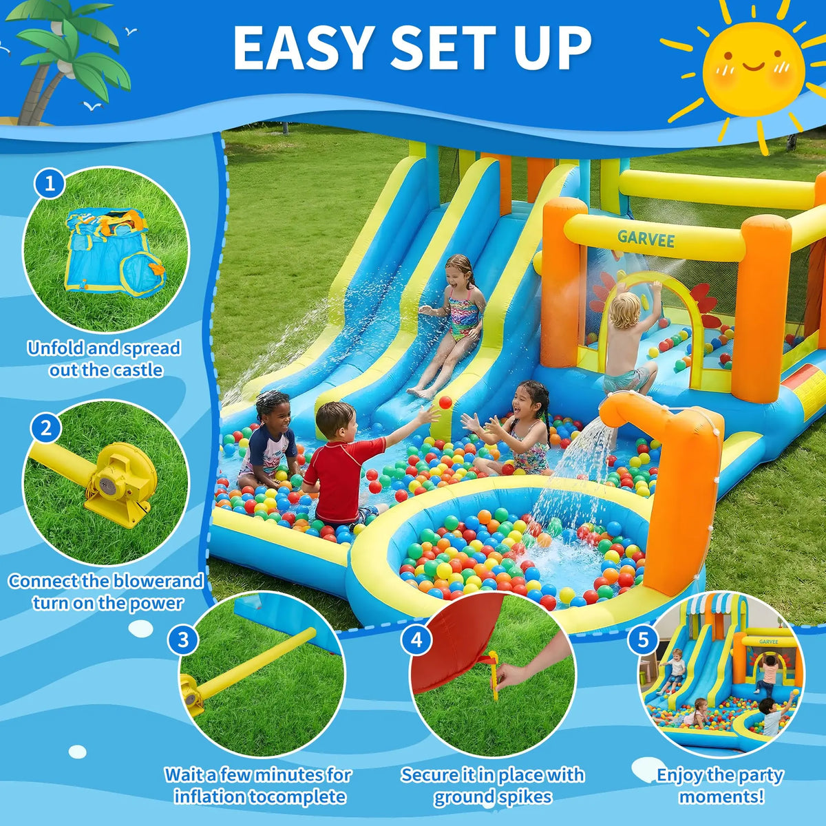 Inflatable Water Slide Bounce House 8-in-1 Kids Water Park With 550W Blower, Double Slides, Pool, Climbing Walls, Backyard Play