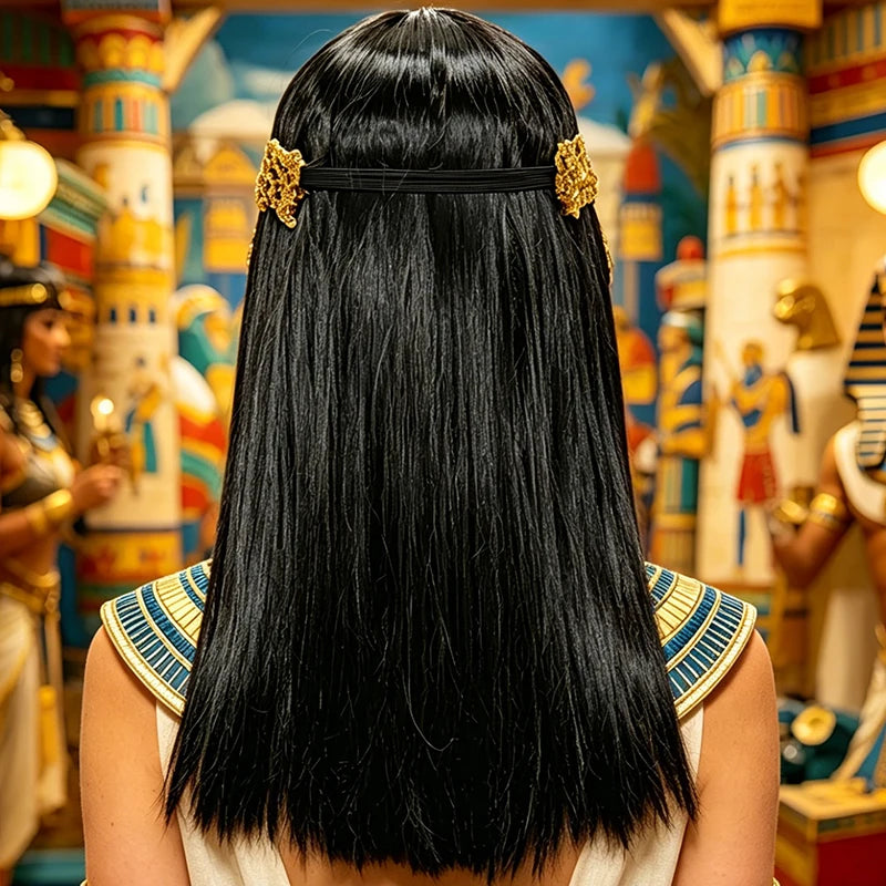 Black Cleopatra Wig Synthetic Straight Bangs Egyptian Queen Costume Wig Gold Snake Headband Bead Chains Halloween Cosplay Party