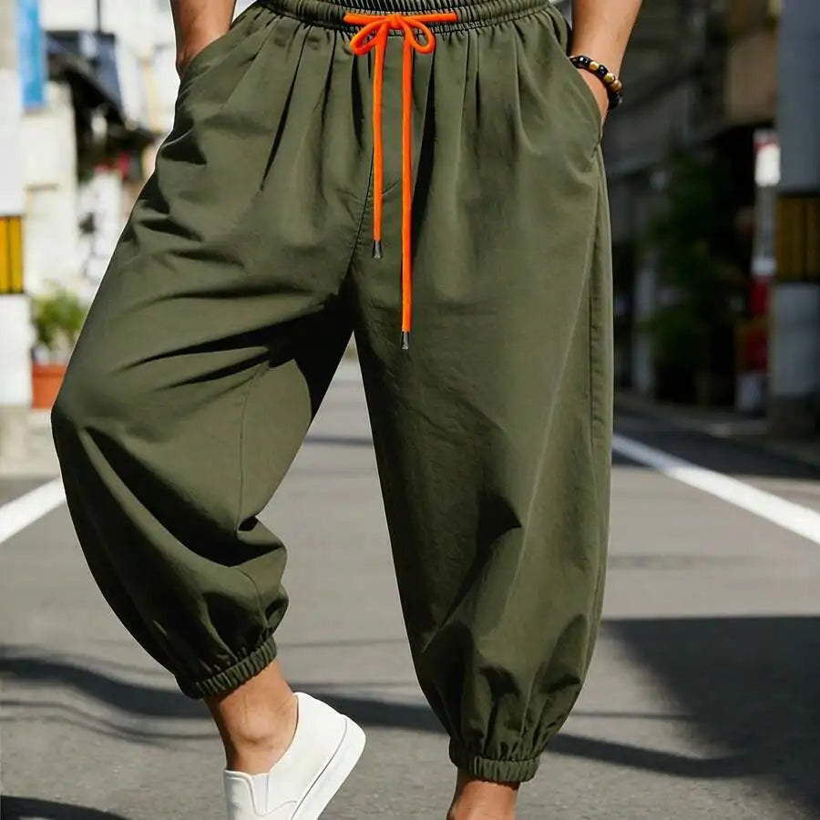 Men'S Thin Casual Loose Harem Pants - Comfortable Elastic Cuffs, Elastic Drawstring Waist Non-Stretch Casual Lantern Long