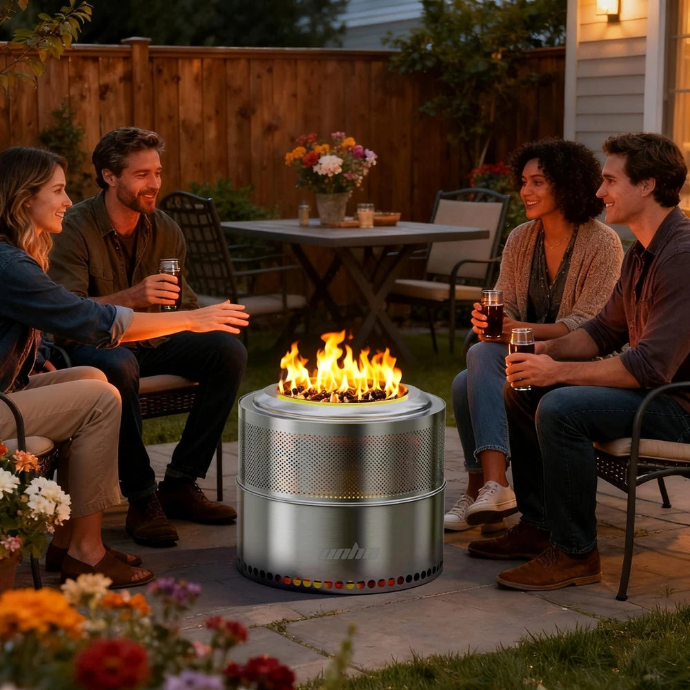 UNHO 19 Inch Smokeless Fire Pit for Outdoor Wood Burning,  Portable 304 Stainless Steel Camping Stove , Perforated  Fireplace
