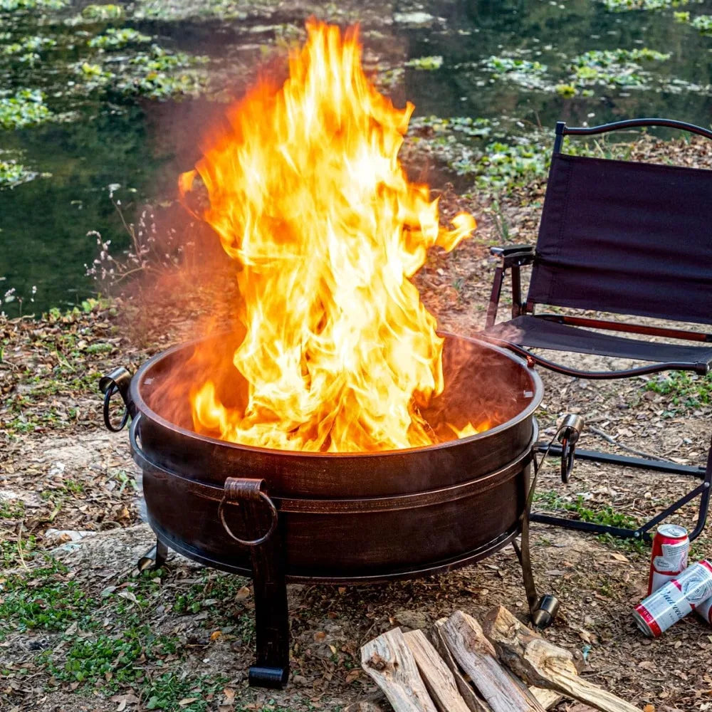 36 Inch Fire Pit with Grill & Lid, Fireplace & Round Table & BBQ 3 in 1 Fire Pit, Heavy Duty Wood Burning Fire Pits