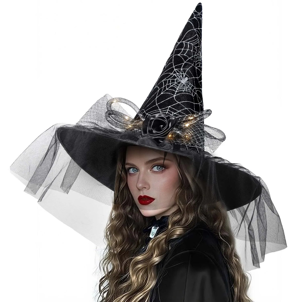 Women Halloween Witch Hat, 6 Styles Black Orange Purple Pointed Witch Hats with Spider Web Lace, Flower, Feather and LED Light Decor, Halloween Party Cosplay Costume Accessory
