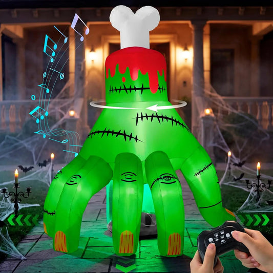 4FT Halloween Inflatable Green Zombie Hand Remote Control Blow Up Zombie Hand with Music Box & LED Lights, 360°Rotation, Forward & Backward Halloween Inflatable Outdoor Decor for Yard Lawn