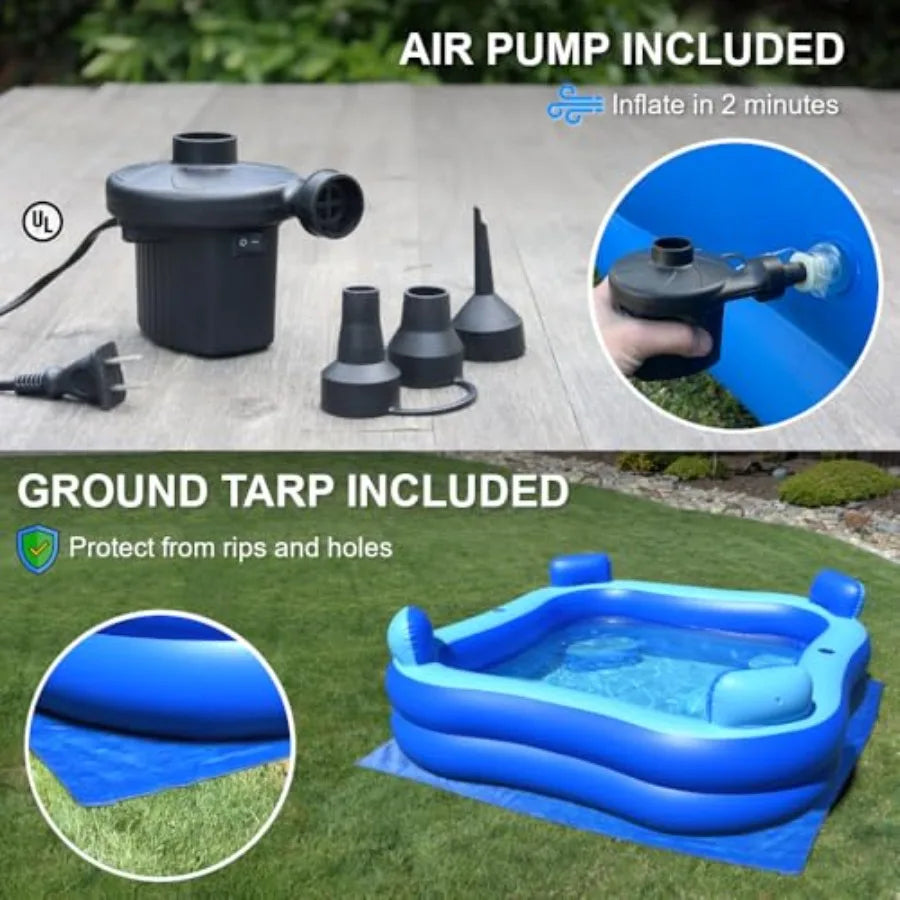 Inflatable Pool Bundle with Seats Headrests - 8ft x 8ft - Electric Pump and Ground Tarp Included - Fast Setup and Reinforced Seats